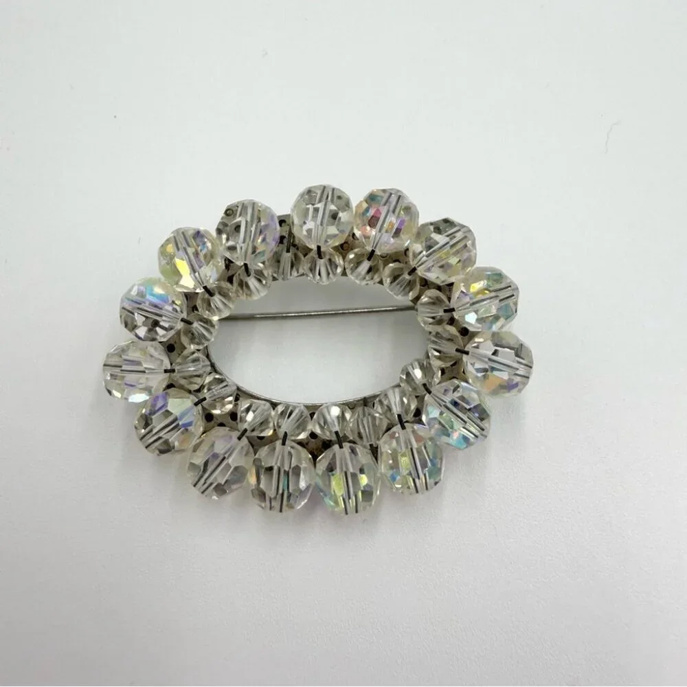 Vintage AURORA BOREALIS Crystal Beaded Cluster Oval Silver Tone Brooch Pin